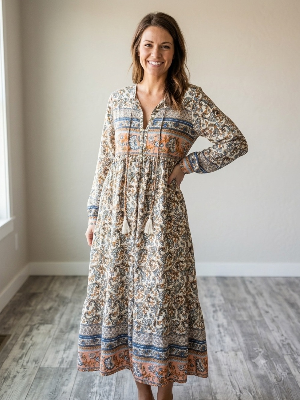 R. Vivimos Boho Paisley Floral Maxi Peasant Dress Medium M 55% Rayon 45% Cotton
